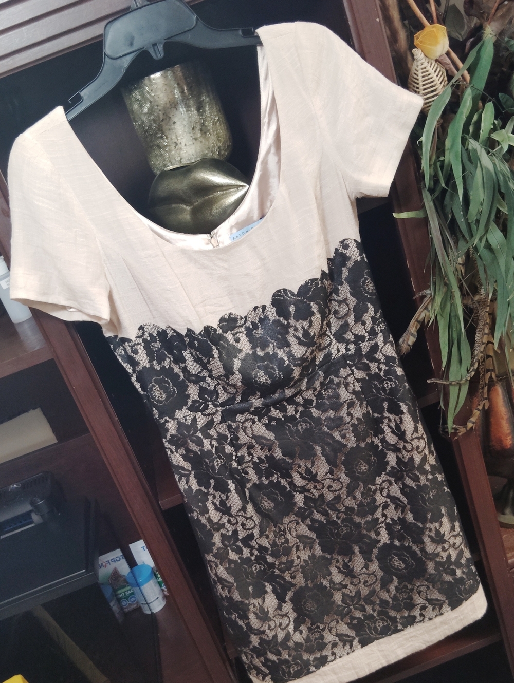 ANTONIO MELANI Cream and Black Lace Sheath Dress